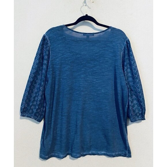 Farmers Market Top Womens Medium Mineral Wash Blue Eyelet 3/4 Sleeve Peasant - Picture 4 of 8
